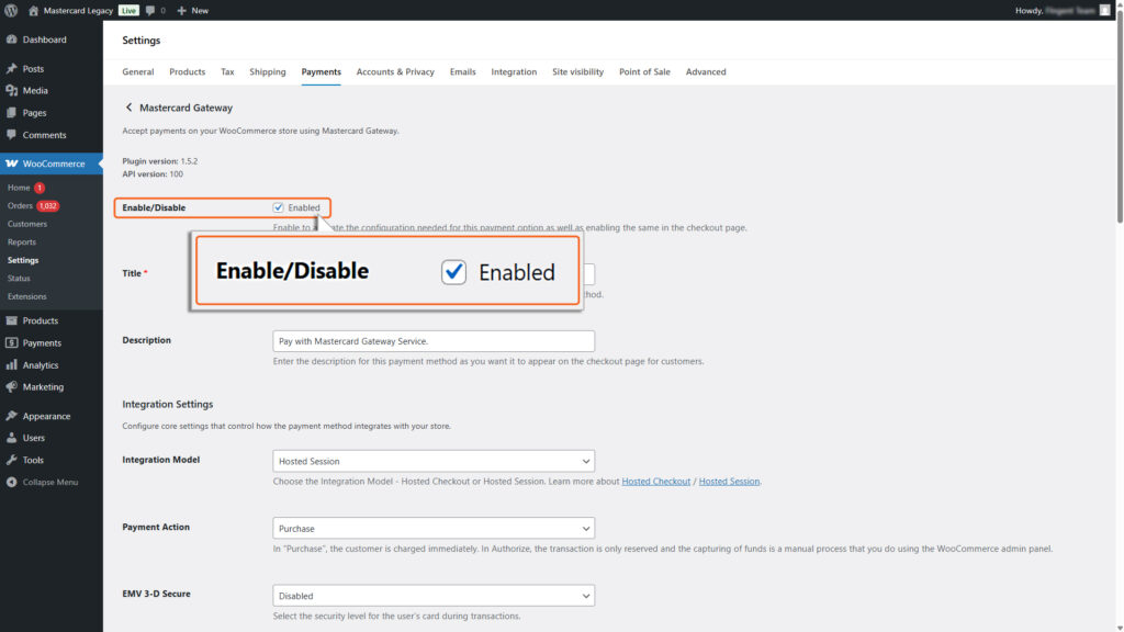 Image of Woocommerce setting’s payments tab with Mastercard Gateway Payment option highlighting the Enable/Disable checkbox