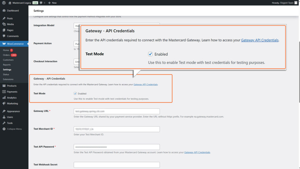 Hosted Checkout Gateway API Credentials in Test Mode