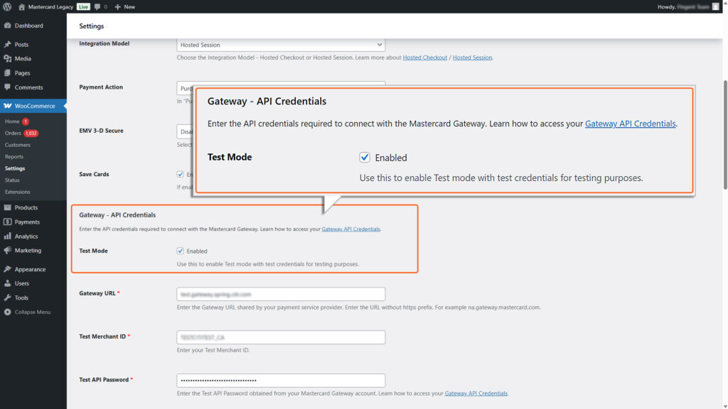 Hosted session Gateway API Credentials in Test Mode