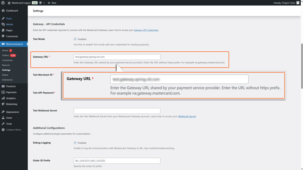 Locating Gateway URL field