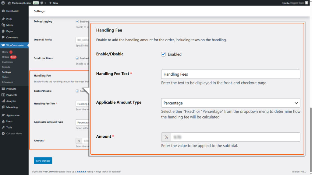 Image highlighting Handling Fee section