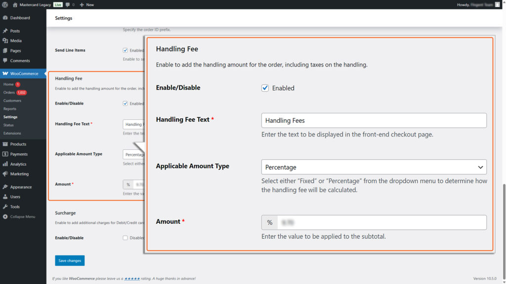 Image highlighting Handling Fee section