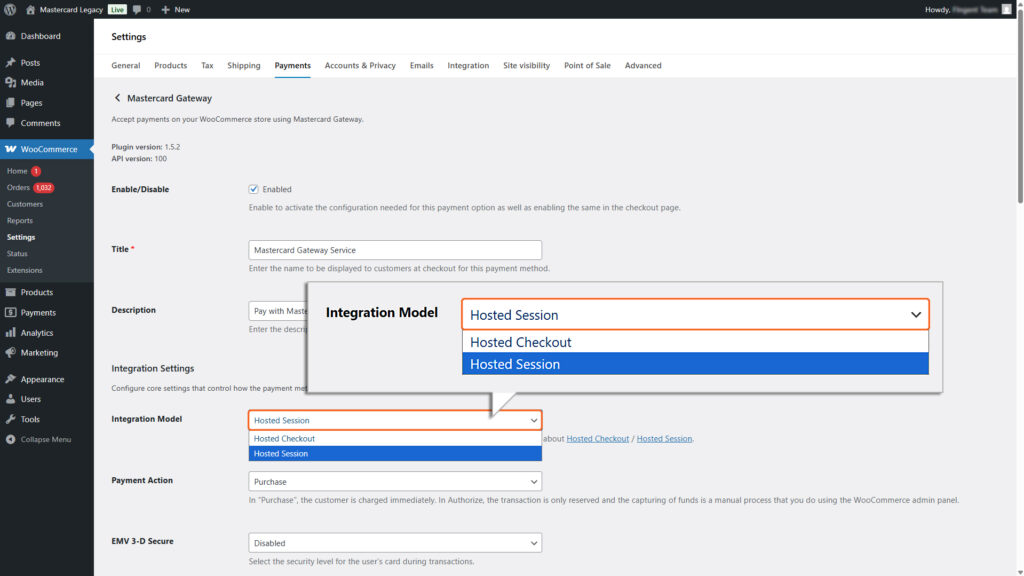 Image of Integration Model dropdown field highlighting the option hosted session