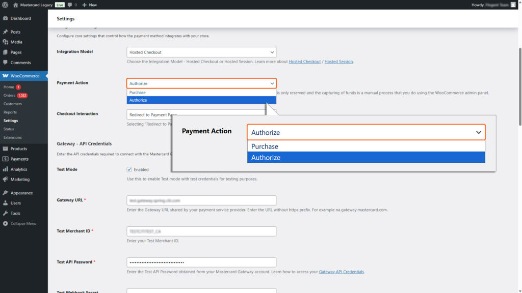 Choosing ‘Authorize’ as an option from Payment action dropdown field