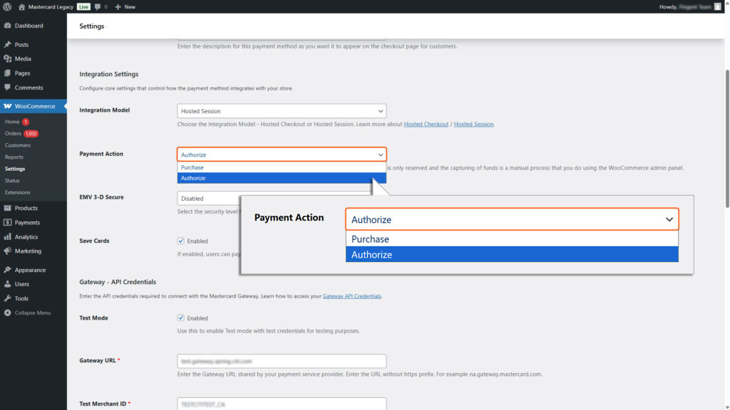 Choosing ‘Authorize’ as an option from Payment Action dropdown field