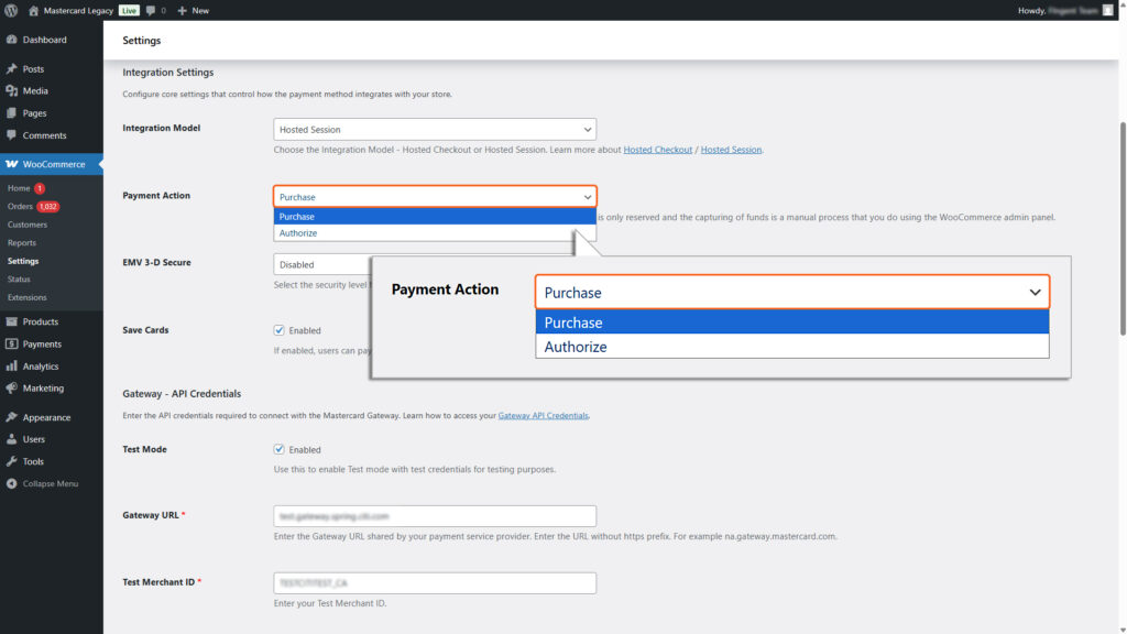 Choosing ‘Purchase’ as an option from Payment action dropdown field