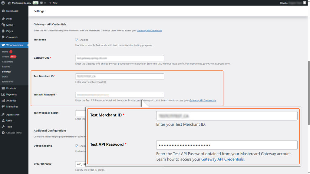Image highlighting Test Merchant ID, Test API password fields