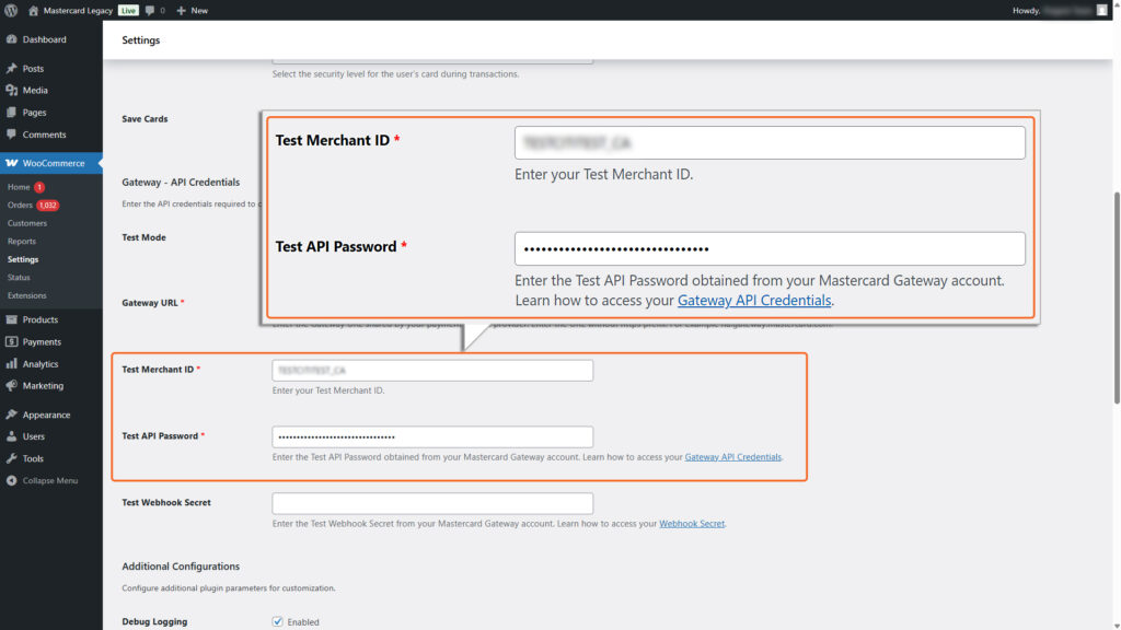 Image of Test Merchant ID, Test API password checkboxes