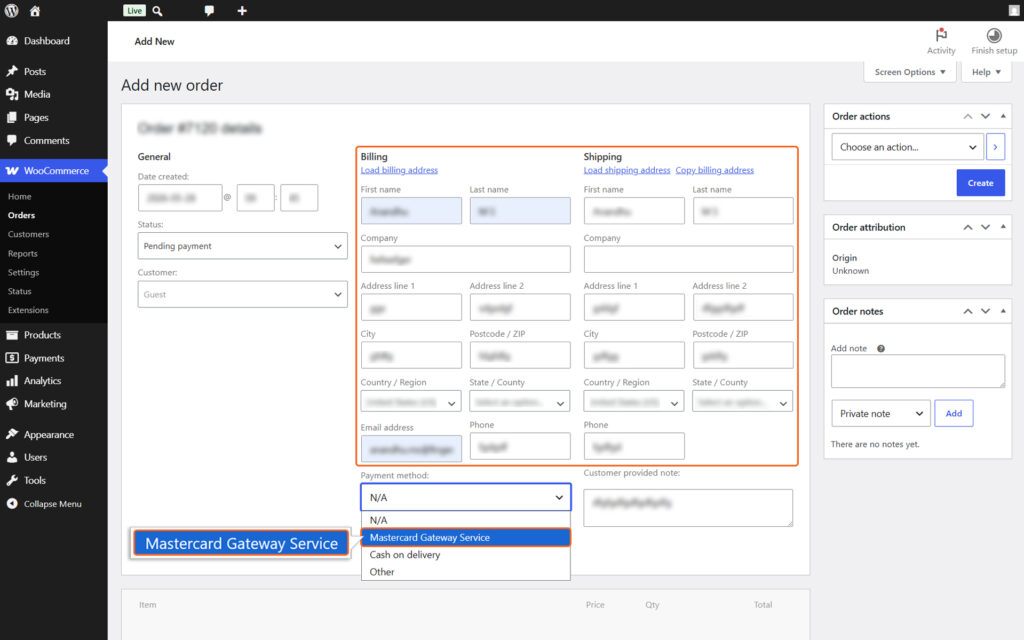 Image of Billing & Shipping Address section with Payment method selection Add Purchase Products by clicking the Add items button then select Add products button