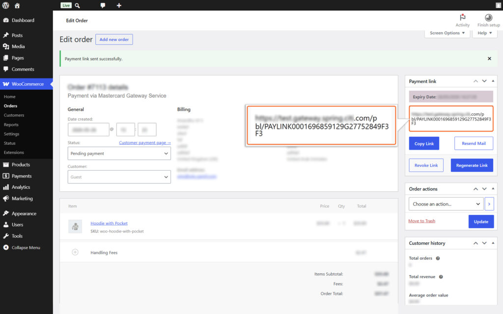 Image of Payment Information with pay link and action buttons