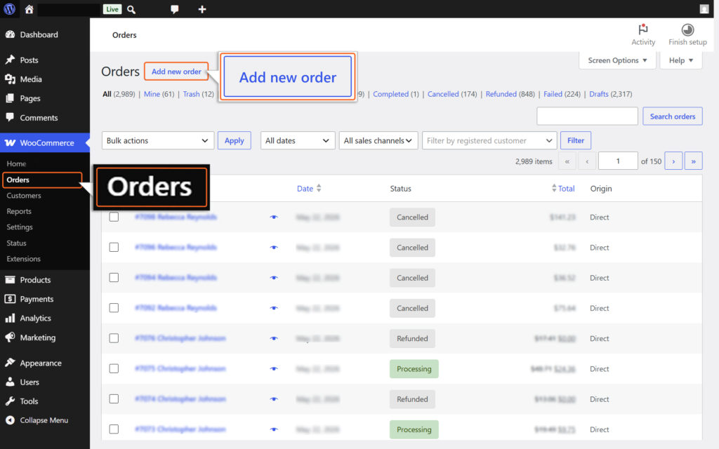 Image of order list section