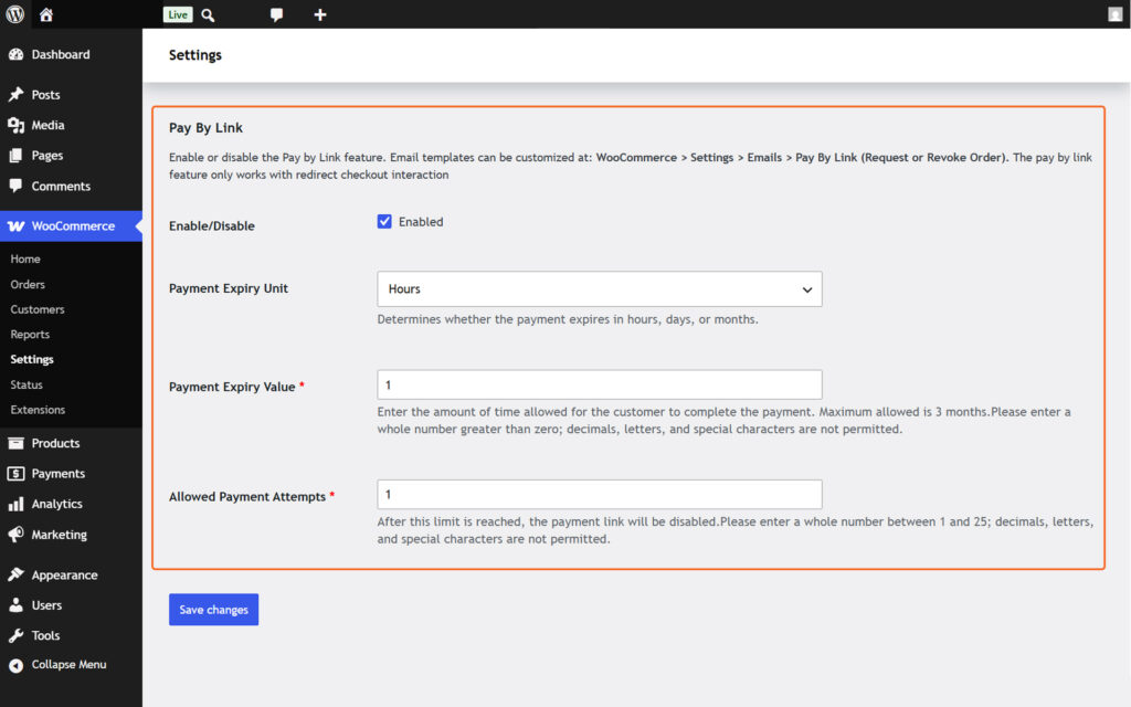 Pay by link configuration section